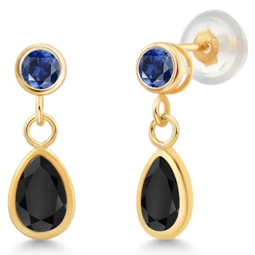 14K Yellow Gold with 1.04 Cttw Black Onyx and Royal Blue Sapphire Post Earrings